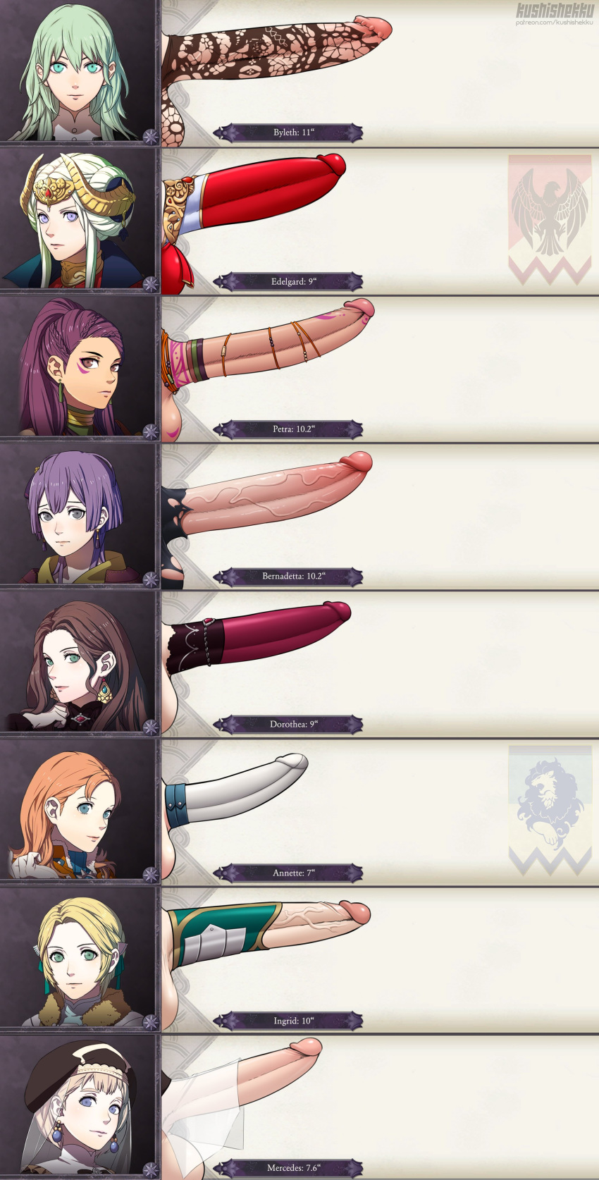 8futas absurdres annette_fantine_dominic artist_name balls bernadetta_von_varley big_penis blonde_hair breasts brown_hair byleth_(fire_emblem) byleth_(fire_emblem)_(female) casual clothing commentary dorothea_arnault edelgard_von_hresvelg english_commentary enlightened_byleth_(female) erection fire_emblem fire_emblem:_three_houses futa_only futanari genitalwear green_eyes green_hair hat highres human ingrid_brandl_galatea intersex kushishekku large_penis light-skinned_futanari light_skin long_hair looking_at_viewer measurements mercedes_von_martritz multiple_girls multiple_penises orange_hair pale_skin patreon_username penis penis_chart penis_size_chart penis_size_difference petra_macneary post-timeskip purple_hair short_hair testicles text uncensored watermark white_hair