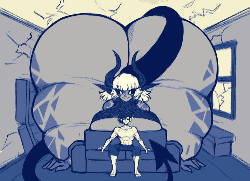 1boy 1girls ass big_ass big_breasts big_butt big_thighs breasts breasts_bigger_than_head cracks cracks_in_wall demon_girl demoness destruction devil devil_girl giantess huge_breasts inside oblivious oc original original_character room_filling thick_thighs thighs tight_clothing up woahbeme yiana