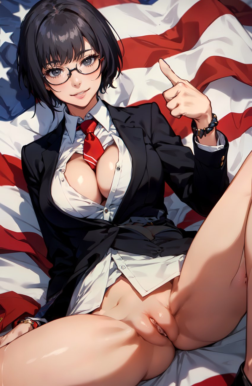 ai_generated american american_flag aura_michibane black_eyes black_hair bleach bottomless cleavage election female_president formal medium_breasts no_pants president pussy short_hair stable_diffusion suit unstable_diffusion vagina vote