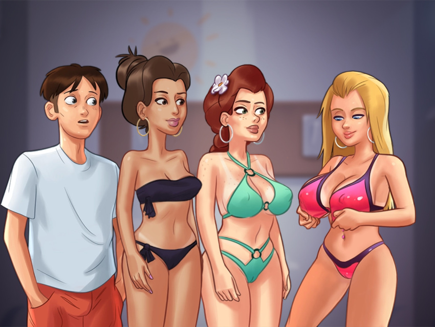 1boy 2d 3girls beach becca_(summertime_saga) belly_piercing big_breasts bikini bikini_bottom bikini_top blonde_hair blue_eyes bottomwear bra braid braided_hair braided_ponytail breasts brown_eyes brown_hair brown_hair cameltoe changing_room cleavage clothed clothing darkcookie digital_drawing_(artwork) digital_media_(artwork) ear_piercing earrings female flower flower_in_hair freckles freckles_on_breasts freckles_on_chest freckles_on_face green_eyes huge_breasts light-skinned_female light-skinned_male light_skin long_hair looking_at_another looking_at_partner main_character_(summertime_saga) male male/female missy_(summertime_saga) nipples nipples_visible_through_clothing pale-skinned_female pale_skin panties petite petite_body piercing piercings ponytail pussy_lips red_hair roxxy_(summertime_saga) shirt shorts slim_waist small_breasts smile smiling standing summertime_saga tanline tanlines teenage_girl teenager thick_thighs topwear undressing