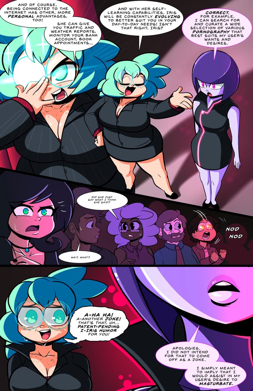 audience big_breasts chubby_female cleavage comic comic_page female freckles fushark glasses glasses_shine male original original_character purple_eyes purple_hair purple_skin robot robot_girl short_hair shortstack slipshine stage tagme thick_thighs turquoise_eyes turquoise_hair