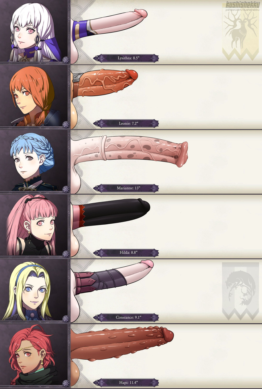 6+girls absurdres animal_penis artist_name balls big_penis blonde_hair blue_eyes blue_hair blunt_bangs braid breasts casual clothing commentary constance_von_nuvelle dark-skinned_female dark_skin earrings english_commentary erection fire_emblem fire_emblem:_three_houses futa_only futanari genitalwear hair_bun hapi_(fire_emblem) highres hilda_valentine_goneril horse_penis horsecock huge_cock human human_with_animal_genitalia human_with_horsecock intersex jewelry kushishekku large_penis leonie_pinelli light-skinned_futanari light_skin long_hair looking_at_viewer lysithea_von_ordelia marianne_von_edmund measurements multiple_girls orange_eyes orange_hair pale_skin patreon_username penis penis_chart penis_size_chart penis_size_difference pink_hair red_hair sheath text uncensored veins veiny_penis watermark white_hair