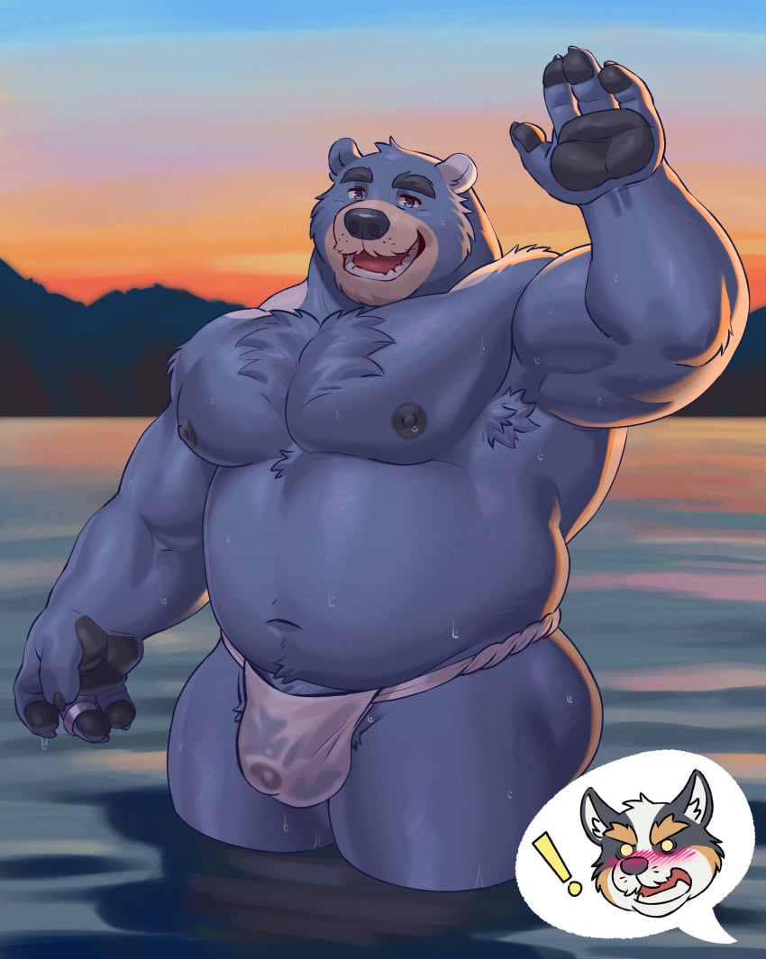 2023 4_fingers absurd_res adios anthro armpit_hair asian_clothing barazoku bear big_muscles big_pecs black_body black_claws black_fur black_nipples black_nose black_pawpads blue_body blue_eyes blue_fur body_hair bulge canid canine canis chest_tuft claws clothing colored countershade_snout countershading detailed_bulge domestic_dog duo dusk east_asian_clothing exclamation_point fingers fundoshi fundoshi's_day fur gesture hi_res japanese_clothing lake looking_at_viewer male mammal multicolored_body multicolored_fur muscular muscular_anthro muscular_male navel nipples open_mouth open_smile partially_submerged pawpads pecs ring smile snout speech_bubble tan_body tan_countershading tan_fur teeth tuft two_tone_body two_tone_fur underwear waving wet wet_clothing wet_underwear white_body white_clothing white_fundoshi white_fur white_underwear yellow_body yellow_fur