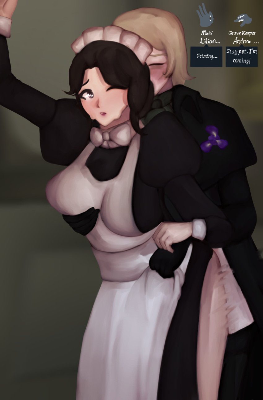 1boy 1girls albino andrew_kreiss blush breast_grab clothed_sex doggy_style gameplay identity_v idv maid oc_x_canon original_character standing standing_sex straight sweat tagme