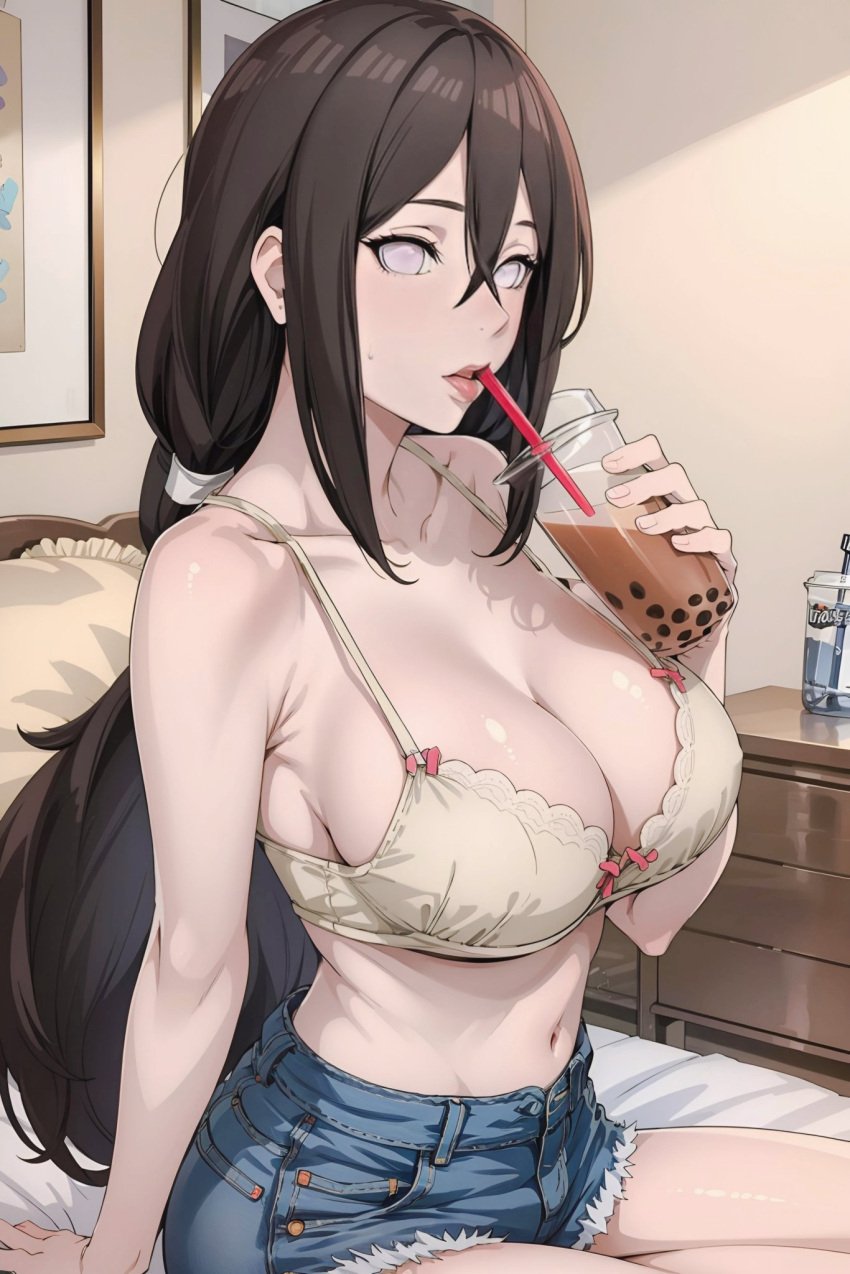 1girls ai_generated arm_support bangs bare_chest bare_legs bare_shoulders bare_thighs big_breasts boruto:_naruto_next_generations bra breasts breasts_bigger_than_head brown_hair bust busty coffee coffee_cup collarbone cup deinacht denim denim_shorts drink drinking female female_only hair_between_eyes holding_object huge_breasts hyuuga_hanabi indoors large_breasts light-skinned_female light_skin long_hair low-tied_long_hair nai_diffusion naruto naruto_(series) on_bed open_mouth oppai paipan pale-skinned_female pale_skin partially_clothed pink_lips ponytail sagging_breasts seductive seductive_gaze seductive_look seductive_mouth short_shorts shorts sitting sitting_on_bed solo solo_focus stable_diffusion thick_thighs thighs tied_hair top_heavy top_heavy_breasts topless underwear upper_body very_long_hair violet_eyes voluptuous voluptuous_female