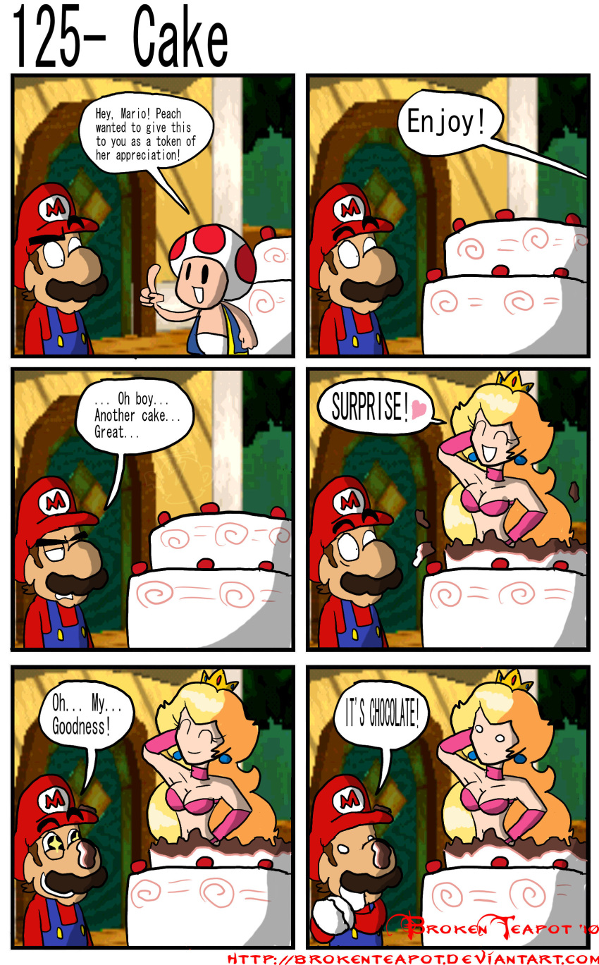 1girls 2010 2010s 2boys brokenteapot cake chocolate_cake clothing comic dialogue elbow_gloves english_text female food gloves indoors male mario mario_(series) multiple_boys pink_bra pink_gloves pop_out_cake princess_peach speech_bubble tagme text toad_(mario) underwear