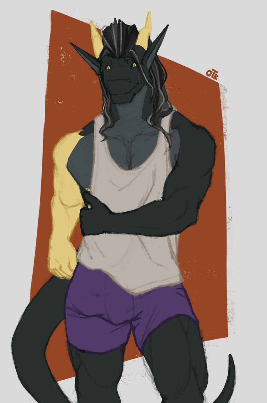 absurd_res anthro biceps boxers_(clothing) bulge clothing detailed_bulge dragon hair hand_on_side hi_res horn leander_dk leander_dk_(artist) long_hair male muscular muscular_anthro muscular_male muscular_thighs pecs scalie shirt simple_background solo tail tank_top topwear underwear