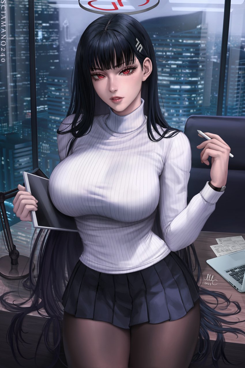 1girls absurd_res absurdres bangs big_breasts black_and_red_halo black_hair black_skirt blue_archive breasts busty city city_background cityscape clothed clothed_female clothing cute_face dark_hair desk female female_focus female_only fully_clothed fully_clothed_female high_resolution high_school_student highres hips holding_pen holding_stylus holding_tablet huge_breasts large_breasts large_filesize light-skinned_female light_skin long_hair microskirt millennium_science_school_student night nighttime office office_chair office_desk pantyhose parted_lips pen pleated_skirt red_eyes rio_(blue_archive) rio_tsukatsuki_(blue_archive) sciamano240 seminar_(blue_archive) seminar_president skirt slim_girl slim_waist solo solo_female solo_focus student student_council_president stylus sweater tablet teen teen_girl teenage_girl teenager thick_thighs thighs tsukatsuki_rio turtleneck turtleneck_sweater very_high_resolution very_long_hair watch white_clothes white_clothing white_sweater white_turtleneck wide_hips