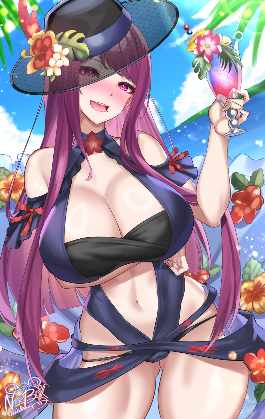 1girls :d absurdres alternate_costume ass_visible_through_thighs bandeau bare_shoulders black_headwear blue_one-piece_swimsuit blue_sky blue_swimsuit blush breasts cleavage cloud commentary cowboy_shot cup day drinking_glass female female female_only fire_emblem fire_emblem_engage fire_emblem_heroes flower hand_up hat hat_flower head_tilt hibiscus highres holding holding_cup huge_breasts ivy_(fire_emblem) ivy_(summer)_(fire_emblem) long_hair looking_at_viewer mole mole_under_mouth navel nez-box nintendo nose_blush official_alternate_costume one-piece_swimsuit open_mouth orange_flower pink_flower purple_eyes purple_hair red_flower sky smile solo standing stomach swimsuit thighs very_long_hair