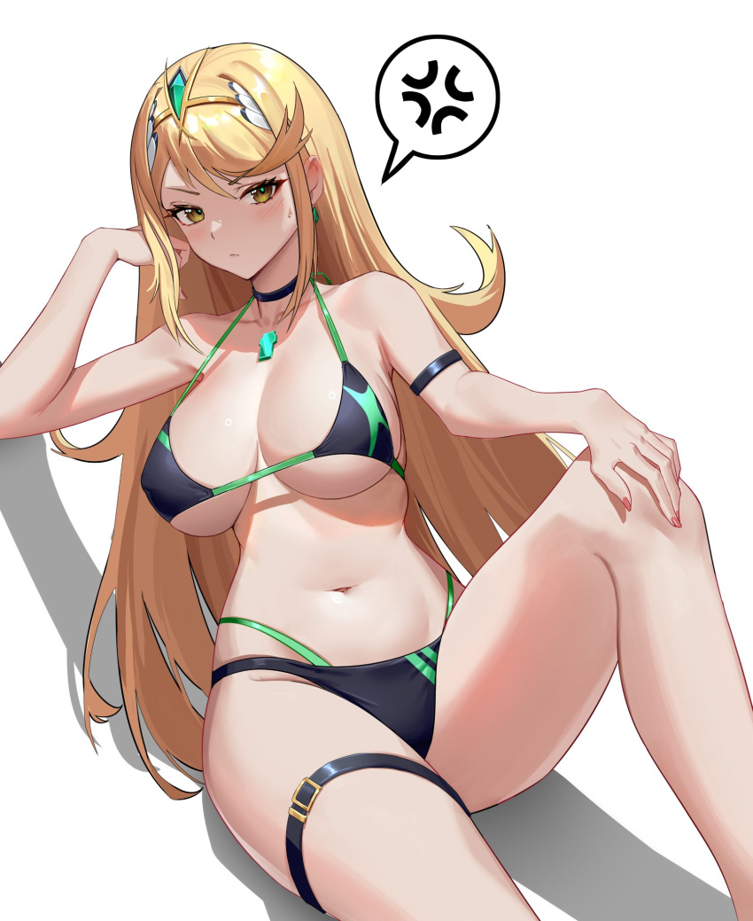 angry hand_on_ankle hand_on_head large_breasts mythra northman sitting spoken_anger_vein swimsuit thigh_strap xenoblade_(series) xenoblade_chronicles_2