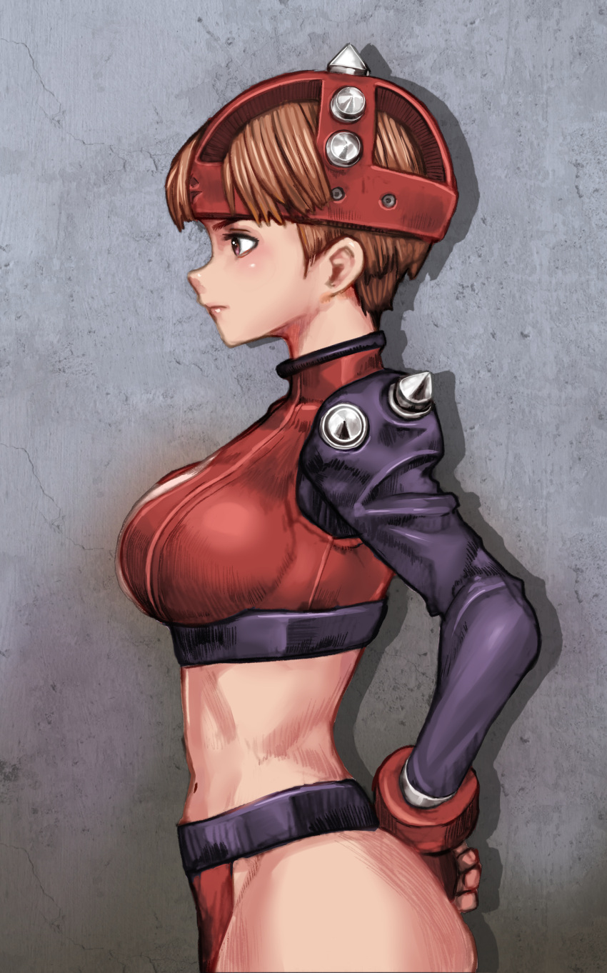 1girls ass atlus big_ass big_breasts breasts brown_eyes brown_hair busty clara_hananokoji female female_only fingerless_gloves from_side gloves hands_on_own_hips looking_to_the_side midriff navel pose posing power_instinct sega sensual short_hair sideboob solo spiked_gloves spikes super_kurara thong