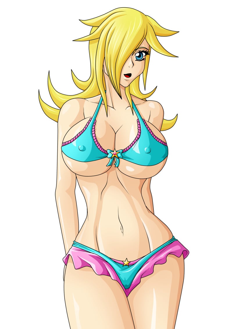 1girls belly_button big_breasts big_thighs bikini blonde_hair blue_eyes breasts cleavage curvy cyan_bikini female female_only frilled_bikini hair_over_one_eye light-skinned_female light_skin long_hair looking_at_viewer mario_(series) nintendo nipple_bulge open_mouth pinup princess_rosalina purple_frill solo solo_female thick thick_hips thick_thighs thighs transparent_background war-off-evil wide_hips