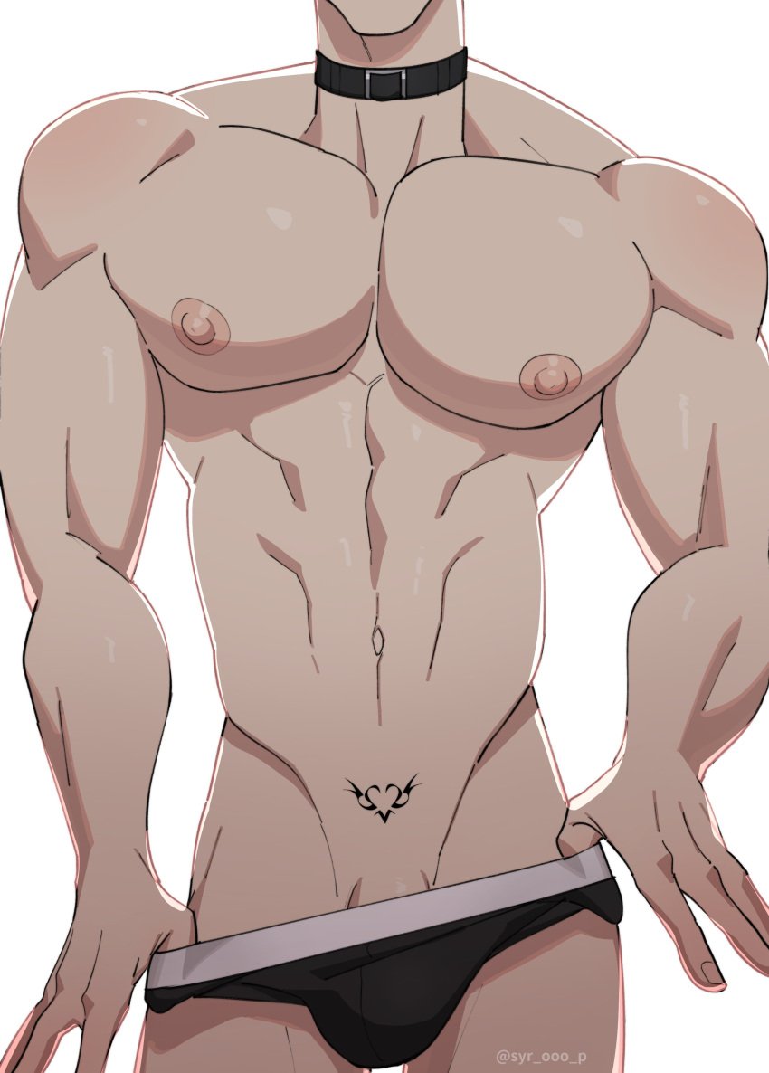 1boy abs big_breasts big_chest collar erect_nipples ethan_(syrop) incubus male_only muscular_male strip_tease syrop tattoo underwear underwear_down underwear_only