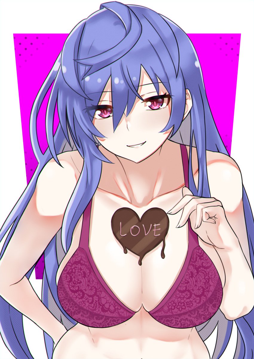 1girls big_breasts bra breasts chocolate_on_breasts cleavage close-up female female_only front_view goddess hand_on_hip huge_breasts iris_heart light-skinned_female light_skin long_hair looking_at_viewer neptunia_(series) pink_bra pink_eyes plutia purple_hair seductive smile solo straight_hair teeth zatsu