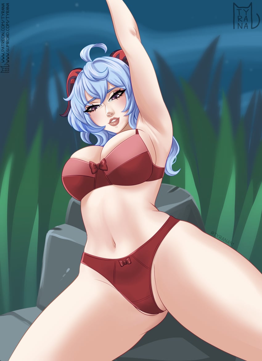 1girls 2023 2d 2d_(artwork) belly_button big_breasts blue_hair blush bra breasts female female_only ganyu_(genshin_impact) genshin_impact horns light-skinned_female light_skin lingerie mihoyo outside panties red_bra red_panties solo tyrana underwear