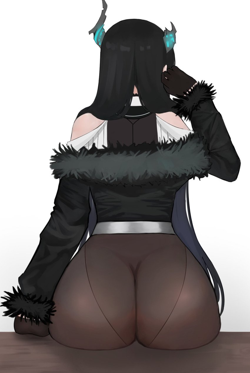 1girls ass ass_focus asymmetrical_horns back bare_shoulders big_ass black_gloves black_hair blue_hair breasts facing_away female female_only from_behind fur_trim gloves hair_ornament highres hololive hololive_english hololive_english_-advent- horns huge_ass leotard light-skinned_female light_skin linllynv long_hair nerissa_ravencroft sitting solo uneven_horns virtual_youtuber