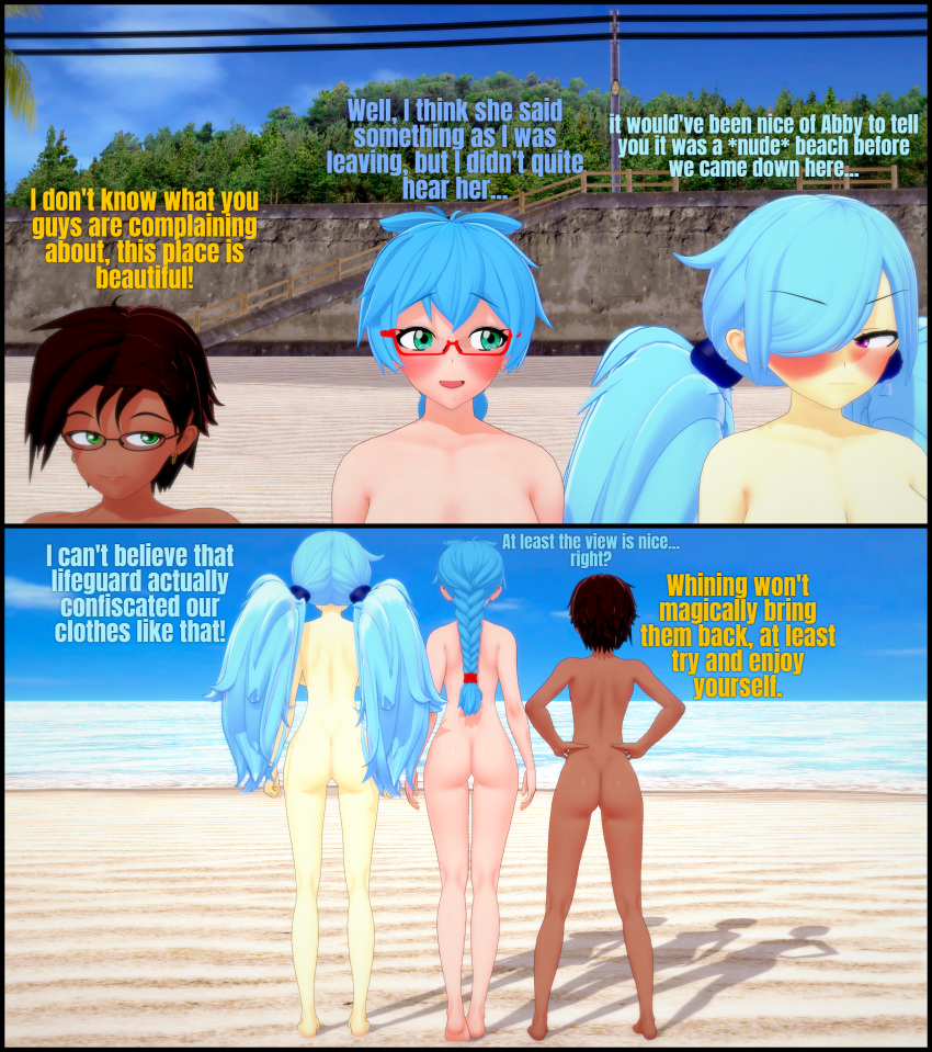 2d 2d_(model) 3d 3d_(artwork) 3girls aliasing ass baby_blue_hair back back_view barefoot beach blue_hair blue_scrunchie blush blushing blushing_profusely braid braided_hair breasts brown_hair candy_blue_hair caption casual cel_shading completely_naked completely_naked_female completely_nude completely_nude_female dark_skin dimples_of_venus embarrassed embarrassed_nude_female enf english_text eyewear female female_only glasses graciousdegenerate hair_over_eye hair_over_one_eye hair_tie heavy_blush human jaggy_lines legs light_blue_hair limbros long_hair long_legs megane naked naked_female nude nude_beach nude_female one_eye_obstructed pale_skin png realistic_background red-framed_glasses red_hair_tie renee_(graciousdegenerate) renee_ricci retropunch sabrina_(limbros) sand scrunchie seaside short_hair single_braid skinny skinny_female skinny_legs standing summer_(undercoverskeleton) thigh_gap tied_hair twintails uc-four under-rim_glasses water