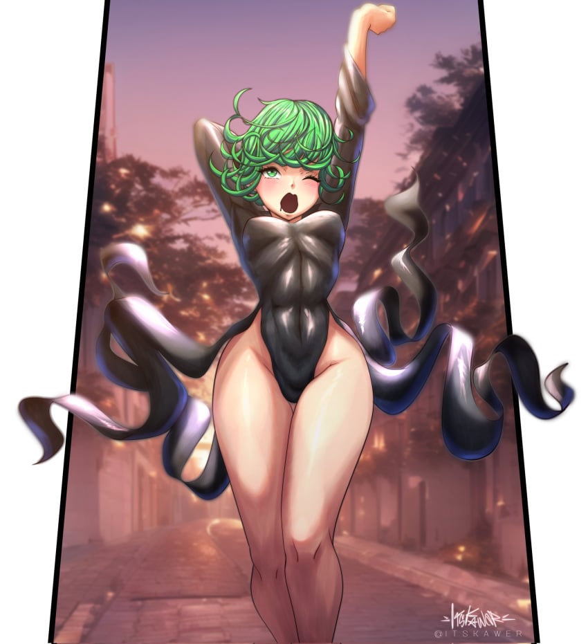 1girls big_breasts female female_only green_eyes green_hair kaw3r light-skinned_female light_skin one-punch_man short_hair solo solo_female solo_focus tatsumaki thick_thighs thighs wide_hips yawn yawning