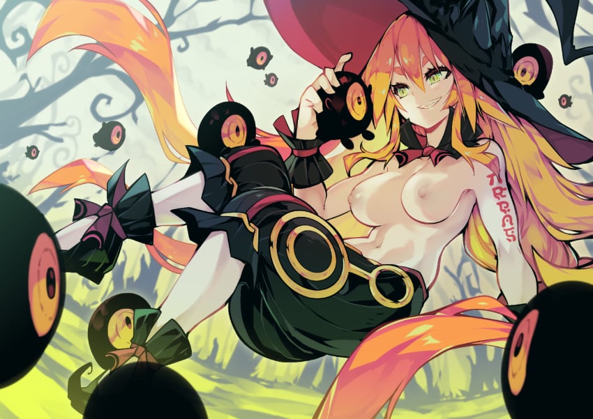 baggy_pants breasts casual casual_nudity casual_topless large_breasts metallia nippon_ichi_software nonsexual_nudity parororo sharp_teeth the_witch_and_the_hundred_knight topless topless_female witch witch_hat