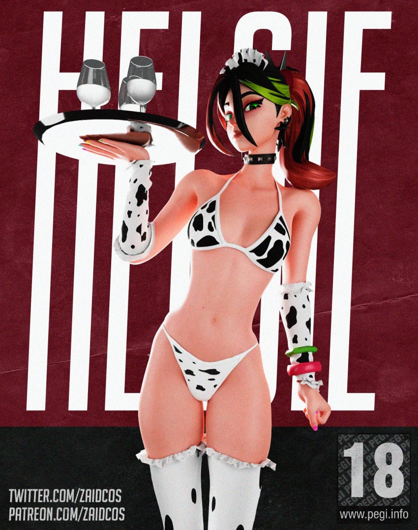 1girls 3d 3d_(artwork) arms arms_up artist_name bare_shoulders belly belly_button black_hair bracelet breasts choker closed_mouth clothed clothing covered_breasts covered_nipples cow_print cow_print_armwear cow_print_bikini cow_print_legwear cow_print_panties cowprint_lingerie digital_media_(artwork) ear_piercings facing_viewer female female_focus female_only fingernails fingers fortnite front_view glass_cup green_eyes green_hair hair hands helsie_(fortnite) hips image kneesocks legs legs_together legwear light_skin looking_at_viewer multicolored_hair navel open_eyes partially_clothed patreon_username red_hair serving_drink serving_tray short_hair shoulders sole_female spiked_bracelet spiked_collar standing stomach text thigh_gap thighs thin_waist twitter_username waist zaidcos