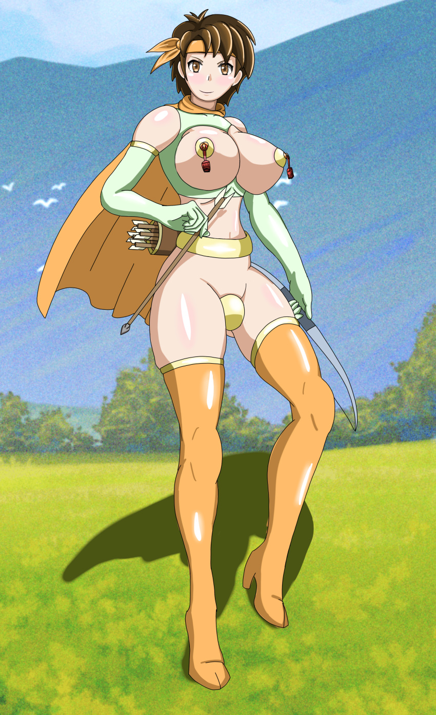 1girls alternate_costume armor arrow_(projectile) ass_visible_through_thighs bare_midriff bare_thighs bikini_armor boots bow_(weapon) breasts brown_eyes brown_hair cape female female_only fire_emblem fire_emblem:_thracia_776 headband high_heels large_breasts looking_at_viewer maebari midriff mountain nintendo okawari_muryou outdoors pasties revealing_clothes short_hair skimpy_clothes smile solo tanya_(fire_emblem) tawarana_tawawa thigh_boots thighs tree weapon