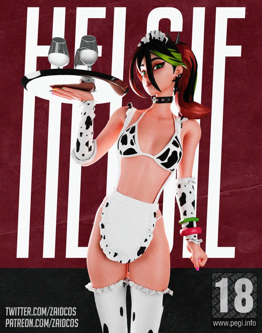 1girls 3d 3d_(artwork) alternate_version_available apron arms arms_up artist_name bare_shoulders belly belly_button black_hair bracelet breasts choker closed_mouth clothed clothing covered_breasts covered_nipples cow_print cow_print_armwear cow_print_bikini cow_print_legwear cow_print_panties cowprint_lingerie digital_media_(artwork) ear_piercings facing_viewer female female_focus female_only fingernails fingers fortnite front_view glass_cup green_eyes green_hair hair hands helsie_(fortnite) hips image kneesocks legs legs_together legwear light_skin looking_at_viewer multicolored_hair navel open_eyes partially_clothed patreon_username red_hair serving_drink serving_tray short_hair shoulders sole_female spiked_bracelet spiked_collar standing stomach text thigh_gap thighs thin_waist twitter_username waist zaidcos