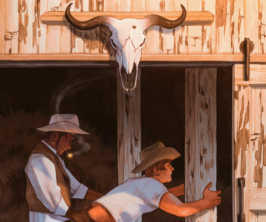 2boys anal animal_skull arm_hair bara clothed_sex cowboy_hat cowboy_western dark-skinned_male dark_skin dobe_(dovegraveyard) dovegraveyard_(artist) from_side gloves hat highres interracial leather long_sideburns male_focus mature_male multiple_boys original painting_(medium) sex shirt short_hair sideburns smoke smoking sparse_stubble sweat t-shirt thick_eyebrows torogao traditional_media watercolor_(medium) yaoi