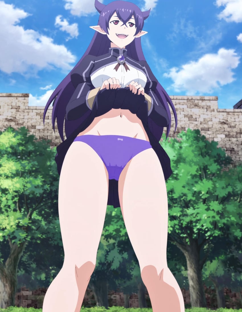 1girls black_hair classroom_for_heroes clothing demon_girl hips horns midriff monster_girl open_mouth panties pointy_ears presenting red_eyes screencap screenshot thick_thighs thighs tummy