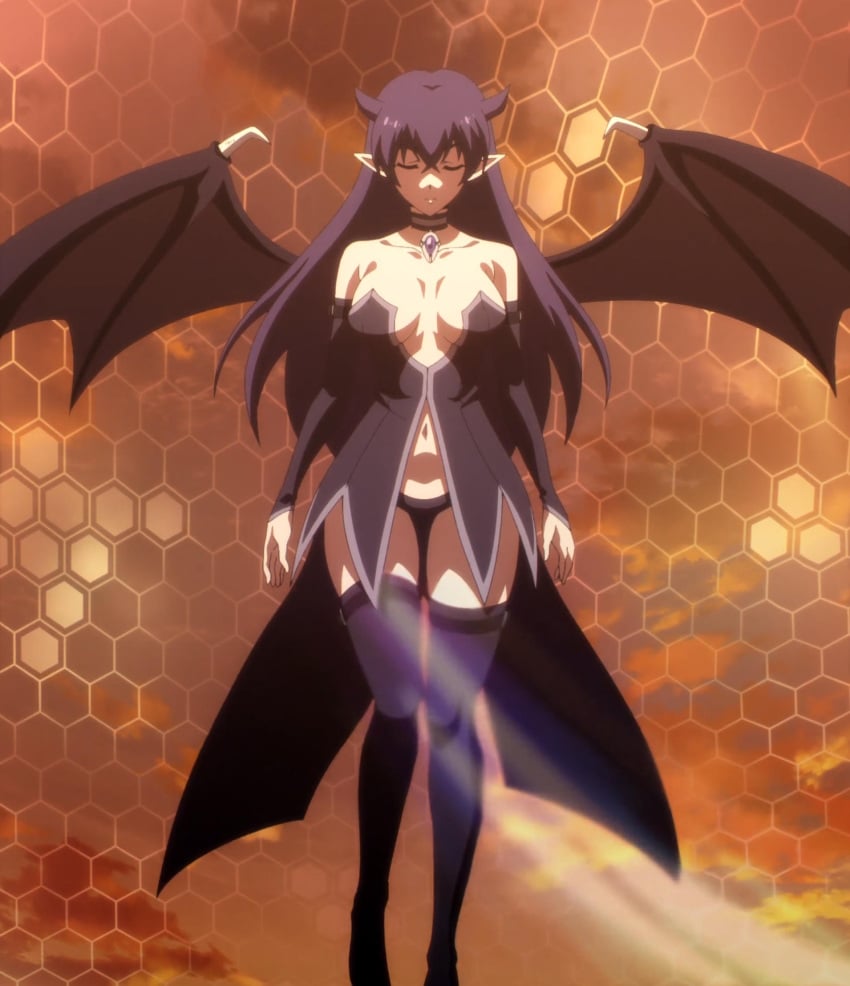 1girls black_hair breasts classroom_for_heroes cleavage clothing demon_girl demon_wings hips horns large_breasts monster_girl panties pointy_ears screencap screenshot thick_thighs thighhighs thighs tummy wings