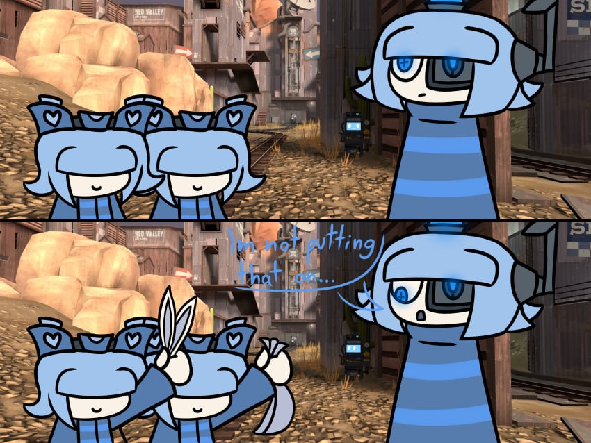 2d baws_(artist) bunny_boy bunny_ears bunny_outfit comic femboy mini_sentry robot robot_boy sentry_(team_fortress_2) sentry_boy sentry_turret sfw size_difference team_fortress_2 teleporter teleporter_twins_(team_fortress_2) tf2 twins valve valve_(company) video_games