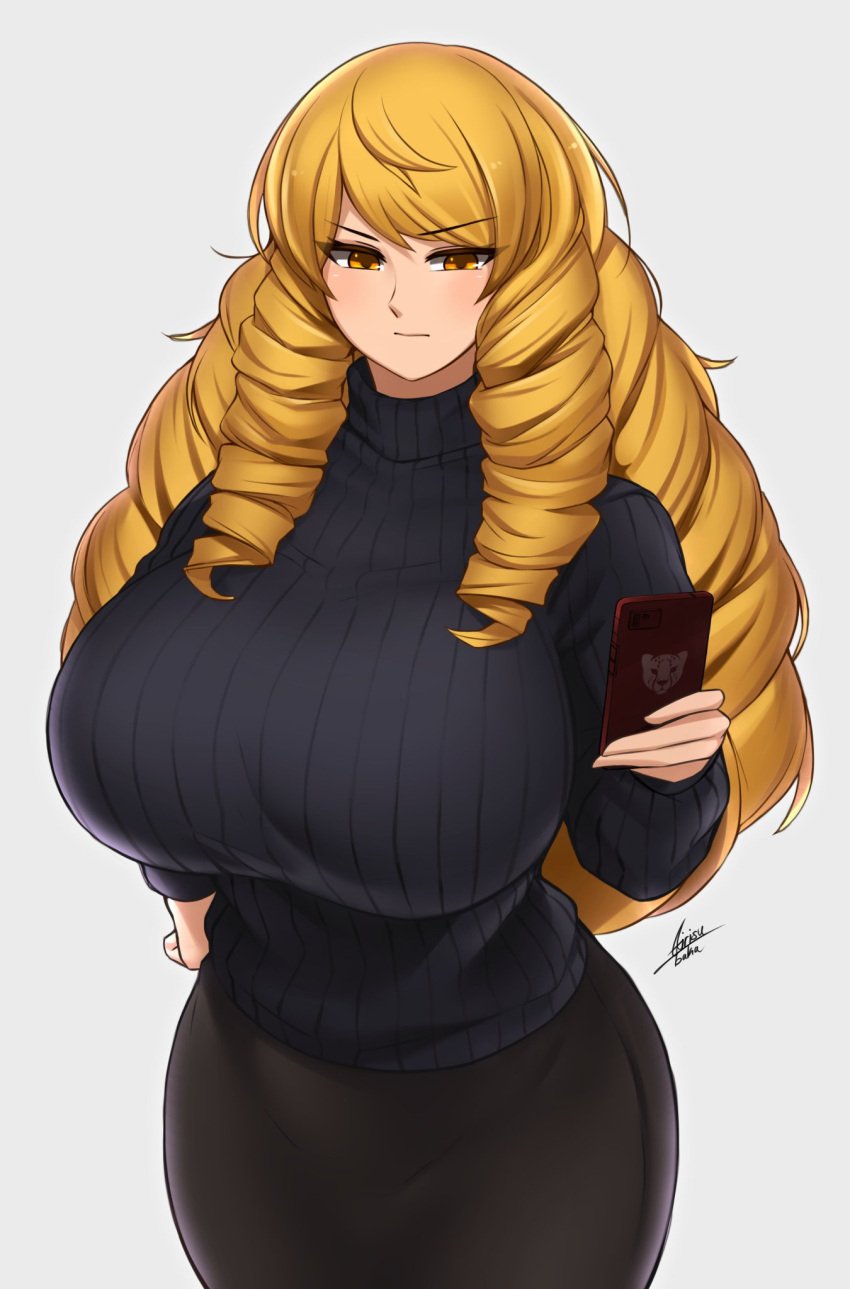 1girls airisubaka artist_name blonde_hair blush breasts clothed clothing drill_hair enormous_breasts eyebrows_visible_through_hair female female_only light-skinned_female light_skin phone smartphone solo sweater yellow_eyes