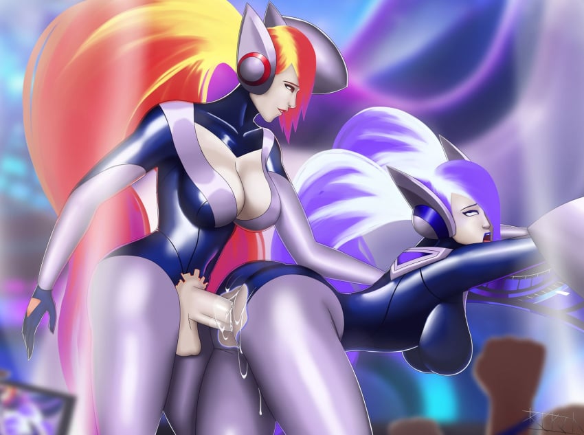 1futa 1girls ahe_gao anmatiel balls bent_over big_breasts big_penis blue_hair breasts clothed clothing dj_sona dj_sona_concussive dj_sona_ethereal duo erection female futa_on_female futanari human latex latex_suit league_of_legends light-skinned_female light-skinned_futanari light_skin mostly_clothed pale-skinned_female pale-skinned_futanari pale_skin penis red_hair riot_games rolling_eyes selfcest sona_buvelle standing twintails vaginal_penetration vaginal_sex