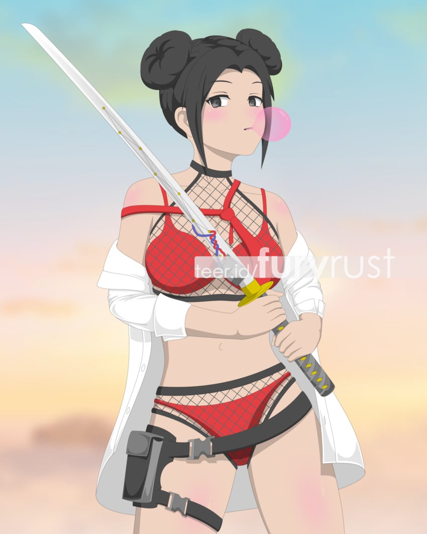 amputee amy_(dead_island) athletic_female beach bikini black_eyes black_hair brown_hair bubble_gum dead_island dead_island_2 fishnets furyrust katana prosthetic red_panties tie white_shirt