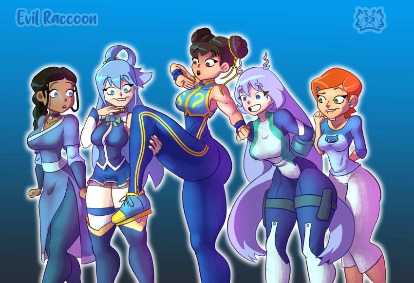 5girls aqua_(konosuba) artist_name ass avatar_legends avatar_the_last_airbender ben_10 big_ass big_breasts biting_lip blue_background blue_eyes blue_hair boku_no_hero_academia chun-li crossover dark-skinned_female dark_skin evil_raccoon female female_only green_eyes gwen_tennyson hadou_nejire hadou_nejire_(hero_outfit) huge_ass katara kono_subarashii_sekai_ni_shukufuku_wo! long_hair medium_breasts multiple_girls my_hero_academia nejire_hado nejire_hado_(hero_outfit) not_porn ponytail red_hair safe safe_for_work short_hair street_fighter street_fighter_alpha thick thick_ass thick_thighs tight_clothing trait_connection water_tribe