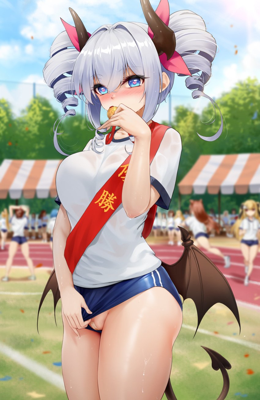 1female 1girl 1girls anthro arms ass bandage bandage_on_vagina bat bat_ears bat_girl bat_tail bat_wings big_ass big_breasts black_eyelashes blonde_hair blue_eyes blue_hair blue_shorts blush blushing_at_viewer breasts brown_hair buruma buruma_pull clothing coin colthes ear elbows eyebrows eyelashes female female_only female_solo fingers fox_ears girl gym_clothes gym_clothing gym_shirt gym_shorts hair hands heart-shaped_pupils horny huge_ass huge_breasts human_ears kurohanya_(niliu_chahui) light-skinned_female light_skin looking_at_viewer medal niliu_chahui oc original original_character pale-skinned_female pale_skin pupils red_ribbon revealing_clothes revealing_clothing ribbon shione_(niliu_chahui) shirt shorts showing_off showing_vagina solo solo_female striped_shorts tail thick_thighs thighs tokisaki_asaba victory white_eyebrows white_hair white_shirt wings 逆流茶会