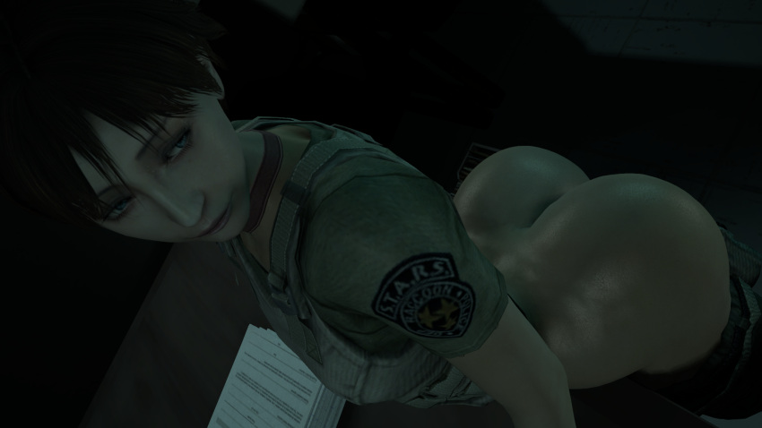 3d big_ass clothed clothing half_naked rebecca_chambers resident_evil resident_evil_0 short_hair smirk smirking standing tease teasing