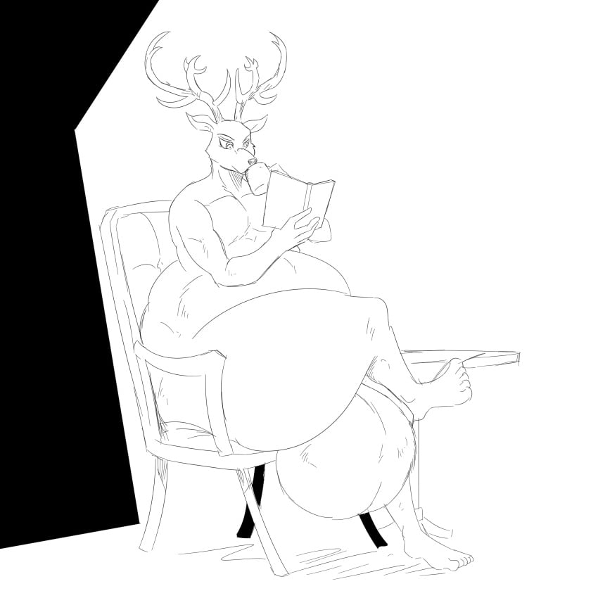 1:1 2023 a-side anthro balls beastars belly big_balls big_belly book bottom_heavy capreoline chair coffee_mug crossed_legs deer fur furniture genitals hi_res holding_book holding_coffee_mug holding_object horn huge_balls hyper hyper_balls hyper_genitalia louis_(beastars) male mammal monochrome nude obese obese_anthro obese_male on_chair overweight overweight_anthro overweight_male reading reading_book reindeer sipping sitting sitting_on_chair solo table