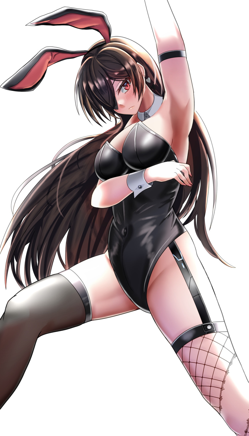 arm_band arm_under_breasts armpits arms_up black_bunnysuit black_hair black_thighhighs blush bunny_ears bunnysuit counter:side eye_patch fake_animal_ears fishnet_legwear fishnet_thighhighs hugging_self lee_soo-yeon long_hair looking_at_viewer red_eyes thighhighs wrist_cuffs wristwear