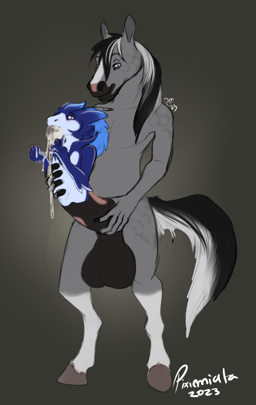 5_fingers absurd_res anthro balls big_balls black_balls blue_eyes bodily_fluids brown_hooves cum dragon emitting_cum equid equine eyebrows fingers fur genital_fluids genitals grey_background grey_body grey_fur hi_res hooves horse leg_markings male mammal markings penis penis_transformation pixiemiata purple_eyes sentient_penis simple_background socks_(marking) tail transformation