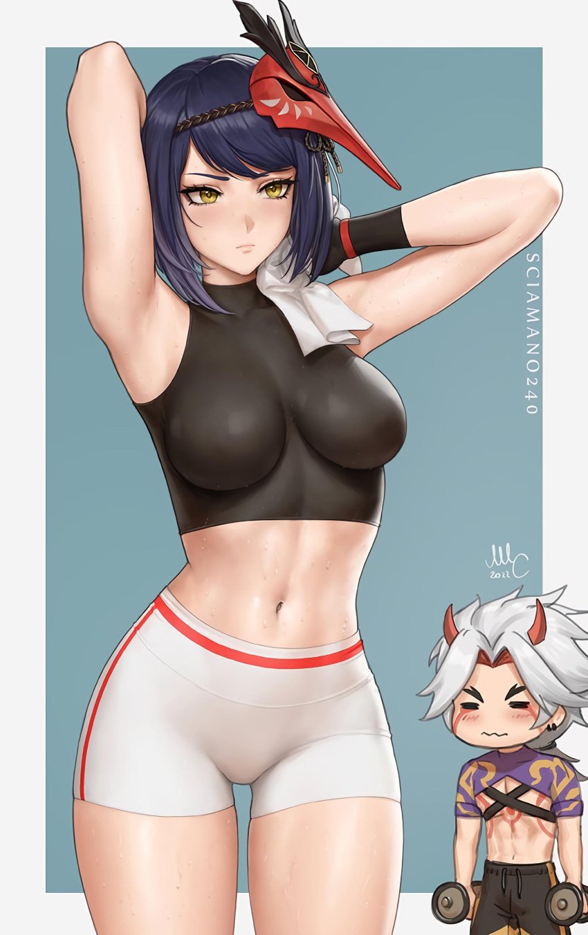 1boy 1girls arataki_itto armpits arms_behind_head athletic athletic_female bare_midriff bare_thighs blue_hair breasts female female_focus genshin_impact gym_clothes gym_shorts horny_male kujou_sara lifting_weights oni_horns sciamano240 skin_tight sports_shorts sportswear staring sweat sweaty sweaty_body tight_clothing tight_fit towel wiping_sweat yellow_eyes