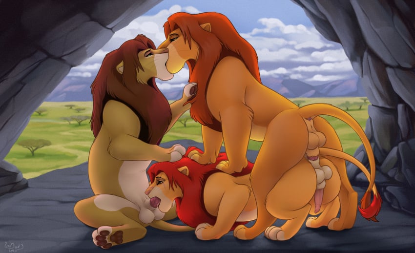 absurd_res anal anus balls disney dominant fan_character felid feline fellatio feral genitals group group_sex hi_res kissing lion male male/male mammal oral pantherine penile penis pride_rock pridelands roughlady sex simba submissive submissive_male tail the_lion_king threesome trio zilvus