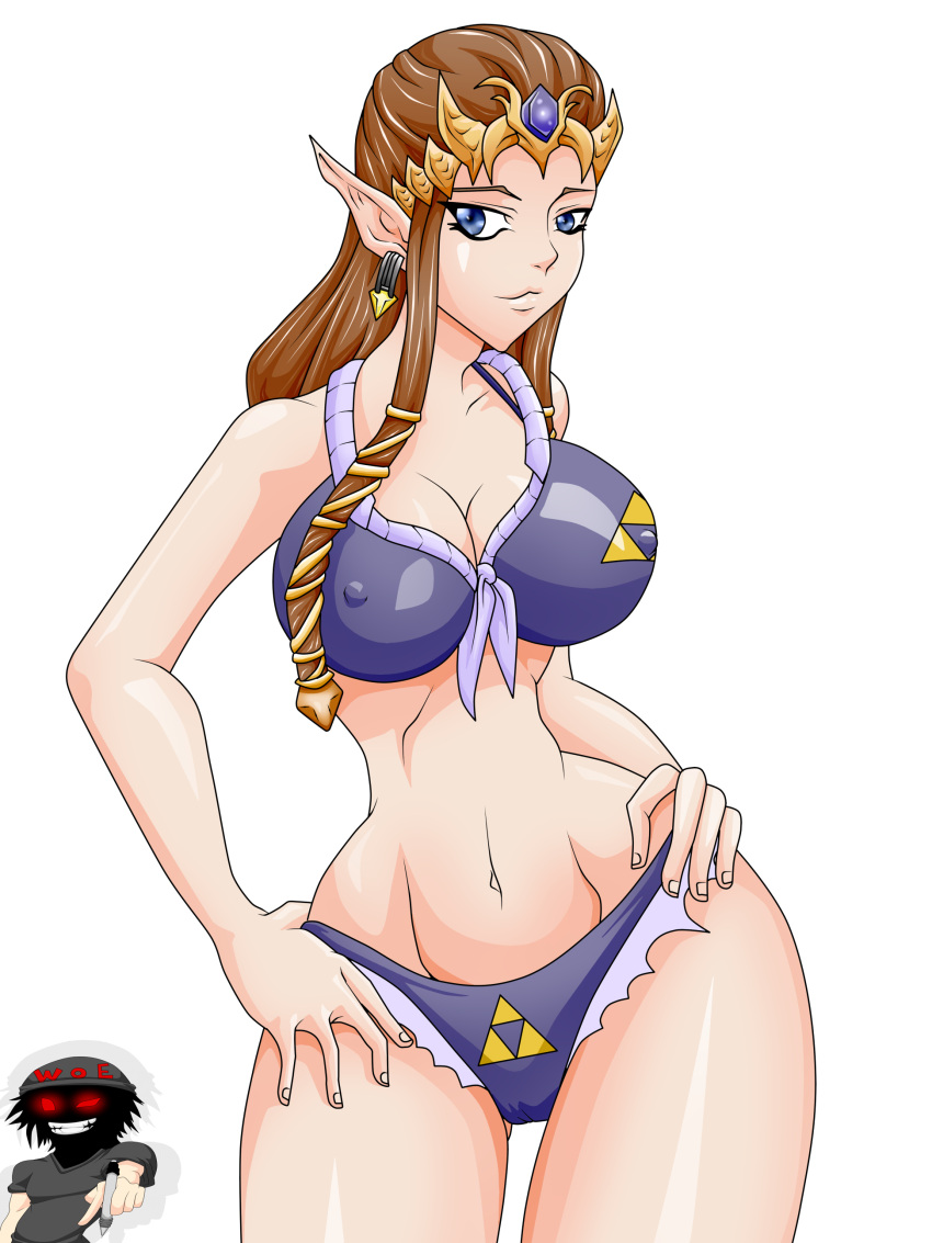 1girls big_breasts big_thighs bikini blue_eyes breasts brown_hair cleavage curvy female female_only hands_on_hips light-skinned_female light_skin lips long_hair looking_at_viewer nintendo nipple_bulge pinup pointy_ears princess_zelda solo the_legend_of_zelda thick thick_hips thick_thighs thighs transparent_background twilight_princess violet_bikini war-off-evil wide_hips zelda_(twilight_princess)