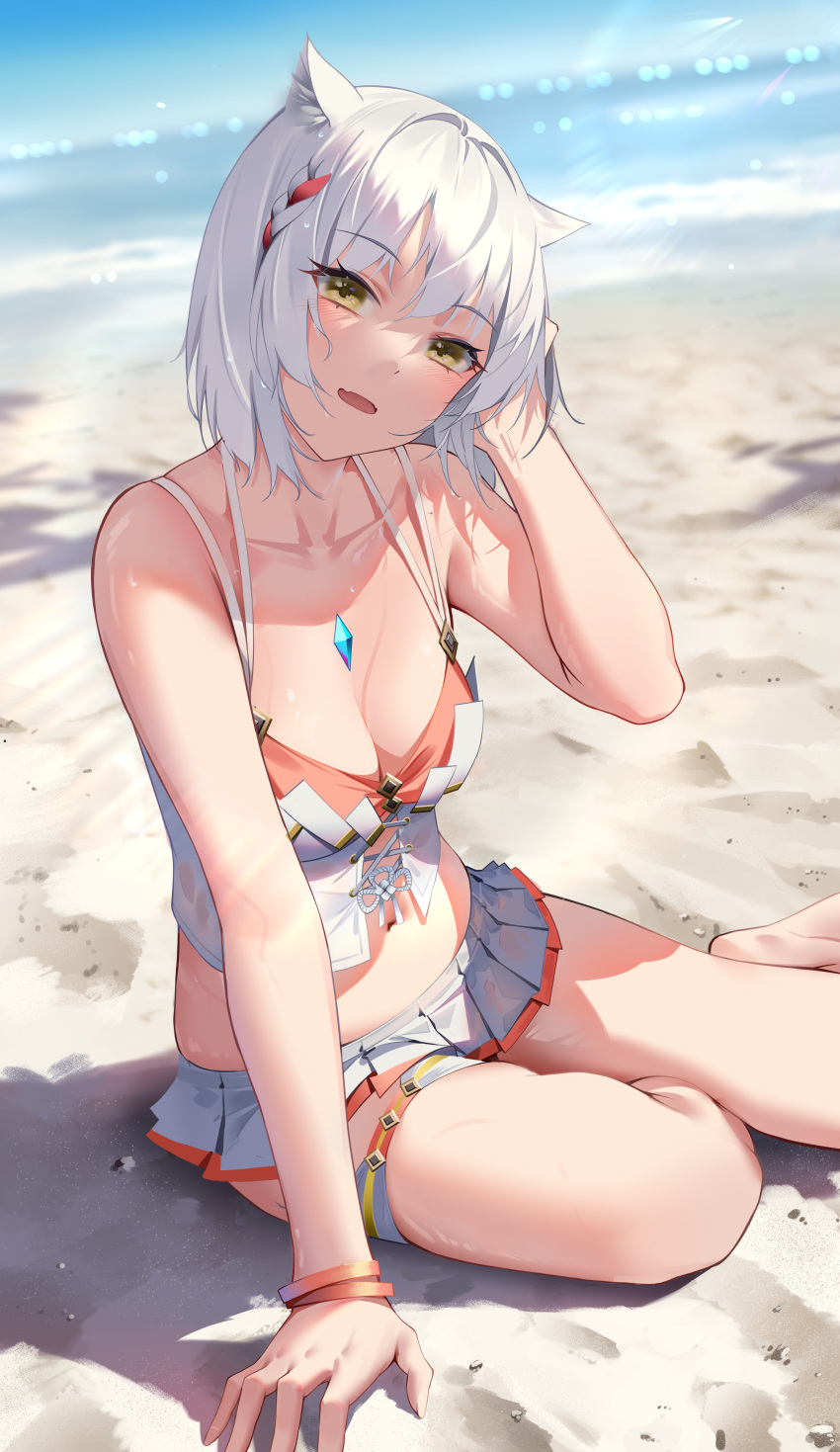 1girls absurd_res bare_shoulders barefoot beach bikini bracelet breasts cat_ears catgirl cleavage core_crystal detailed_background female female_only highres looking_at_viewer medium_breasts midriff mio_(xenoblade) monolith_soft navel nintendo open_mouth orange_bikini orange_swimsuit rayhzx sand short_hair smile smiling swimsuit thick_thighs thigh_strap thighs water wet white_bikini white_hair white_swimsuit xenoblade_(series) xenoblade_chronicles_3 yellow_eyes