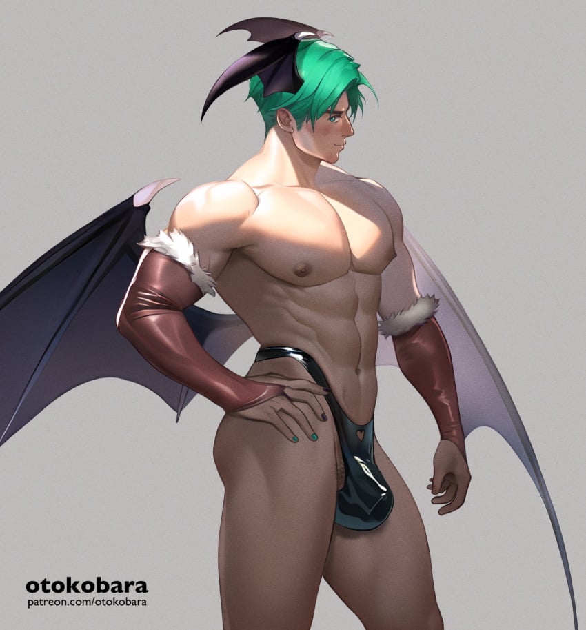 abs adonis_belt arm_sleeves bara bare_chest batwings blue_hair bulge capcom crossdressing darkstalkers demon demon_boy elbow_gloves gloves green_hair head_wings incubus male male_only manly_crossdresser morrigan_aensland muscular muscular_male nipples otokobara partially_clothed pinup pinup_pose pubic_hair rule_63 smile smirk thong twink twunk underwear