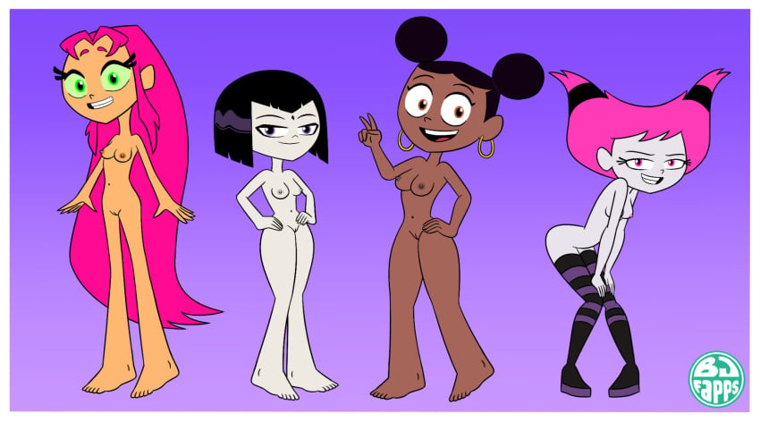 4girls barefoot bedroom_eyes bent_over bjfapps black_hair boots breasts brown_eyes bumblebee_(dc) cartoon_network dark-skinned_female dark_skin dc earrings feet female female_only green_eyes grey_skin hand_on_hip hands_on_hips jewelry jinx_(dc) legs legwear looking_at_viewer multiple_girls navel nipples nude orange_skin pink_eyes pink_hair purple_eyes pussy raven_(dc) short_hair standing starfire striped_legwear tagme teen_titans teen_titans_go thick_thighs very_long_hair wide_hips