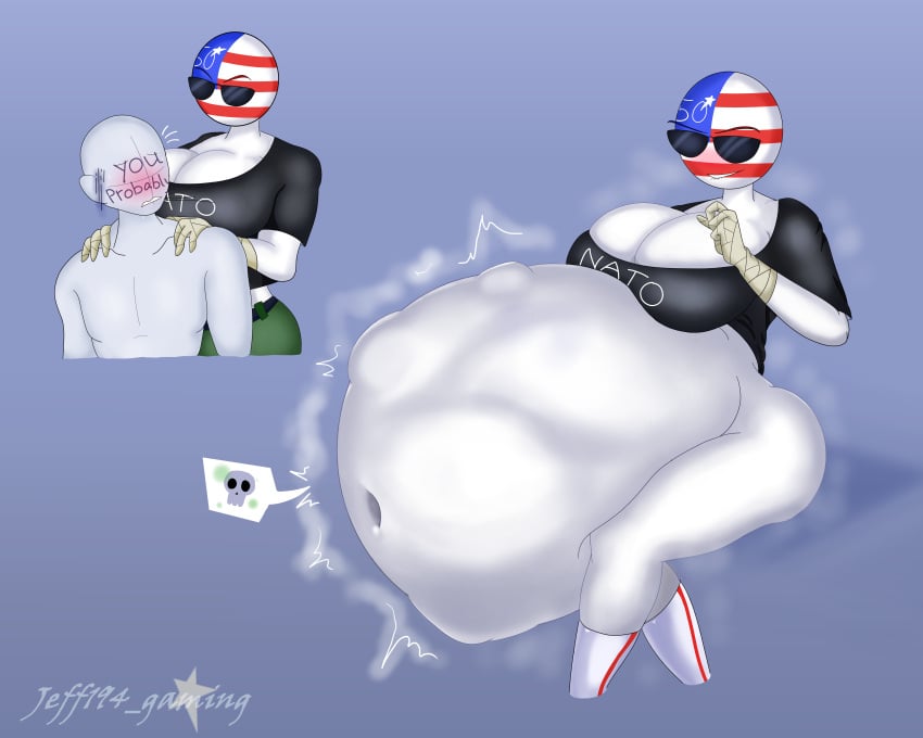 1girls 1other ambiguous_gender belly belly_expansion belly_inflation big_belly blue_background countryhumans countryhumans_girl expanded_belly expansion fat female fetish inflated_belly inflation inflation_fetish jeff194 simple_background sunglasses united_states_of_america_(countryhumans) vore vore_belly you