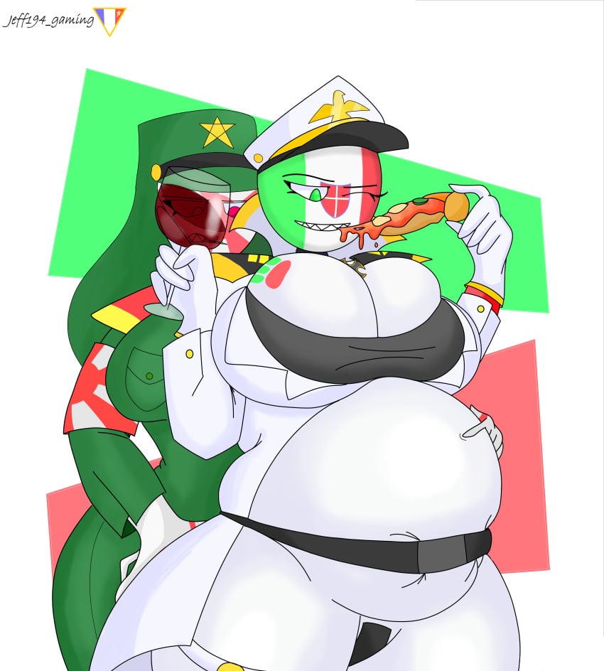 2girls belly_expansion belly_inflation big_belly big_breasts clothing countryhumans countryhumans_girl expanded_belly expansion fascist_italy_(countryhumans) female female_only food inflated_belly inflation_fetish japanese_empire_(countryhumans) jeff194 pizza watermark wine yuri