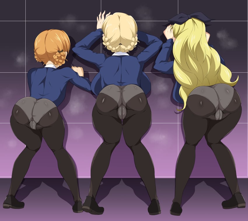 3girls against_wall ass assam blonde_hair braid breasts cameltoe darjeeling from_behind full_body girls_und_panzer huge_breasts large_breasts leaning_forward long_hair medium_breasts multiple_girls orange_hair orange_pekoe panties panties_under_pantyhose pantyhose short_hair st._gloriana's_school_uniform underwear yasuo_oekaki