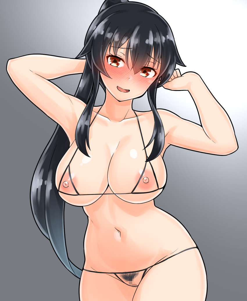 black_hair blush breasts censored collarbone cowboy_shot cupless_bikini embarrassed embarrassed_naked_female embarrassed_nude_female enf female female_pubic_hair functionally_nude functionally_nude_female furaggu_(frag_0416) gradient_background grey_background highres kantai_collection large_breasts long_hair looking_at_viewer mosaic_censoring naked nipples nude open_mouth ponytail pubic_hair pussy red_eyes sidelocks solo standing white_background yahagi_(kantai_collection)