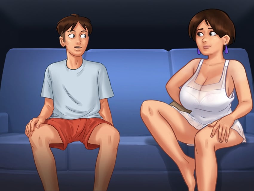 1boy 1girls 2d areolae big_breasts book bottomwear bra breasts breasts_out brown_hair brown_hair cleavage clothed clothing couch darkcookie diane_(summertime_saga) digital_drawing_(artwork) digital_media_(artwork) duo ear_piercing earrings embarrassed female female_focus hand_on_leg hand_on_thigh hiding horny horny_female light-skinned_female light_skin living_room looking_at_another looking_at_partner looking_down male male/female nervous nipples on_couch peaking peeping piercing piercings room see-through see-through_clothing shirt shorts sitting smile smiling summertime_saga topwear watching